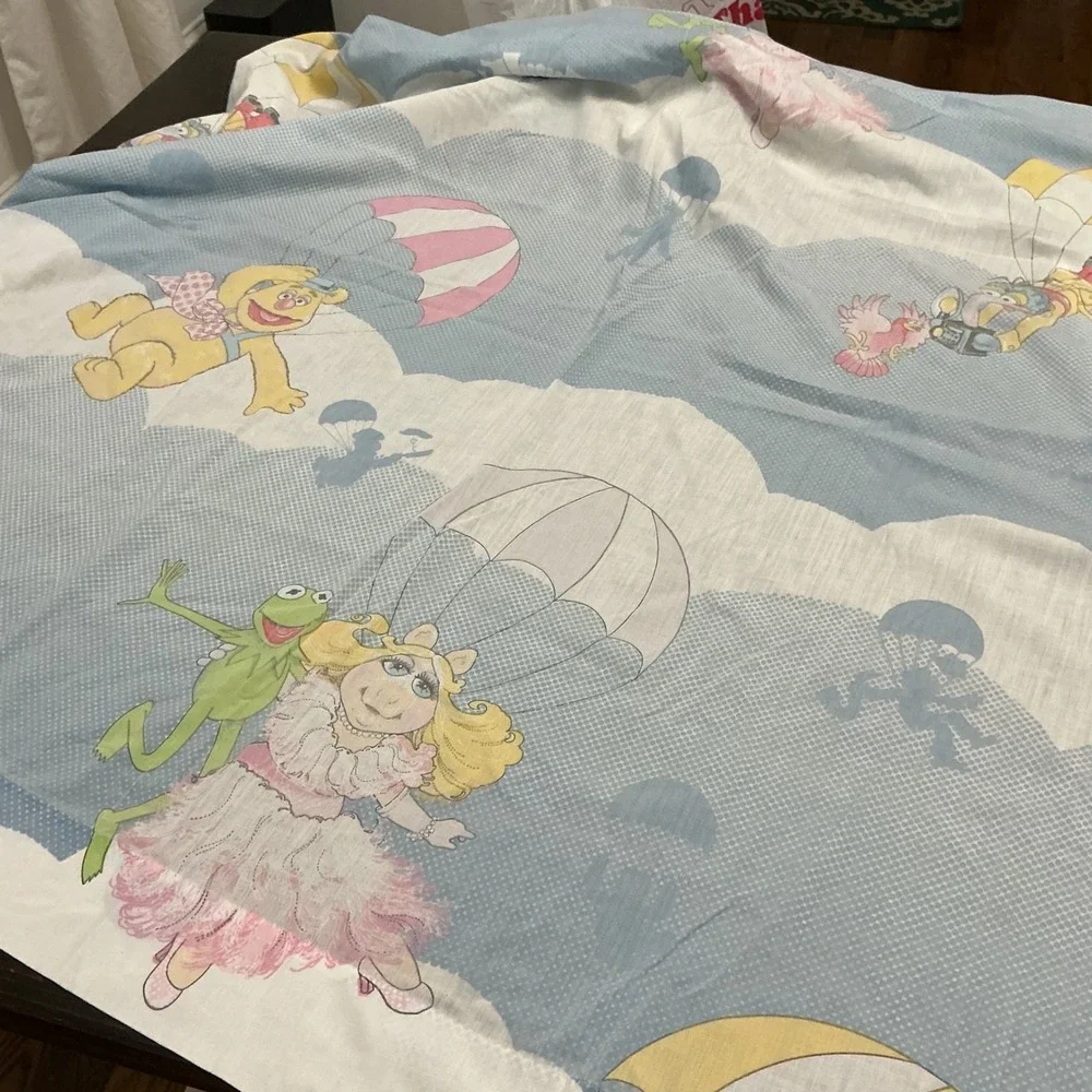 Vintage Muppet Babies Twin Fitted Flat Sheet Kermit Miss Piggy 1980s Blue Set